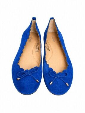 Lands’ End Blue Suede Scalloped Ballet Flats Bow Detail Women’s Shoes 7.5